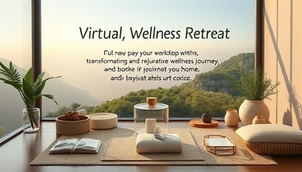 An artistic representation of a serene virtual wellness retreat setting with calming nature imagery, wellness tools, and digital workshop materials, inviting participants to embark on a transformative and rejuvenating wellness journey from their homes.