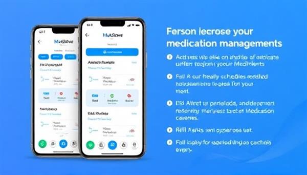An engaging visual of the MedAdhere AI app interface displaying personalized medication schedules, adherence reminders, and refill alerts, with a user-friendly design and intuitive navigation, emphasizing ease of use and personalized medication management.