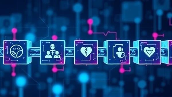 An abstract representation of interconnected blocks forming a secure chain, with healthcare symbols and data nodes integrated within the blockchain structure, symbolizing the secure and transparent healthcare data management facilitated by MediChain Solutions.