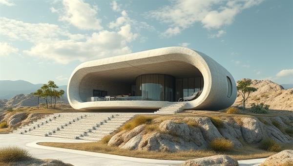 An artistic rendering of a futuristic 3D printed concrete structure seamlessly blending into a natural landscape, showcasing the intricate design details and innovative construction techniques employed by PrintedStone Creations in their architectural projects.