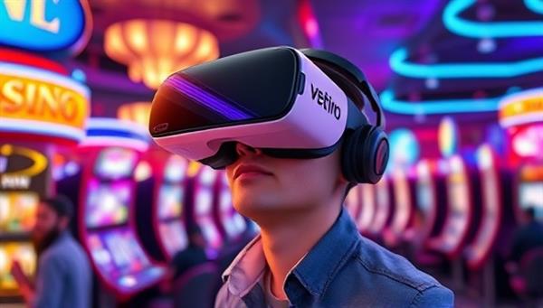 An exciting VR headset displaying a virtual casino environment with animated characters playing games, surrounded by vibrant lights and digital displays, capturing the immersive and thrilling nature of the experience.