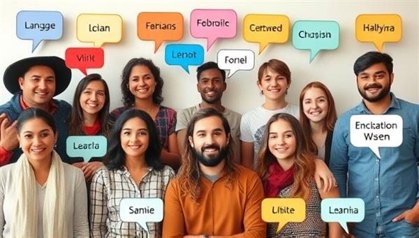 A diverse group of individuals from different cultures engaging in virtual language exchange sessions, with speech bubbles representing various languages spoken, showcasing a vibrant and interactive learning environment.