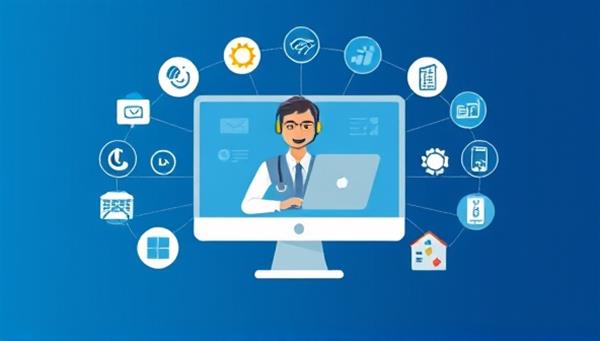 An illustration of a virtual tech support session with a technician assisting a user remotely on a computer screen, surrounded by icons representing different tech services and solutions, conveying efficiency and expertise.
