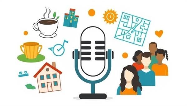 A microphone surrounded by symbolic representations of various community elements such as a coffee cup, a local landmark, a neighborhood map, and a group of diverse individuals, symbolizing community connection and storytelling through podcasts.