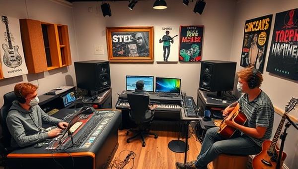 A modern music production studio setup with teens working on computers, mixing soundtracks, recording vocals, and experimenting with musical instruments, surrounded by soundproof panels, musical equipment, and inspirational music posters, creating a dynamic and creative music production environment.