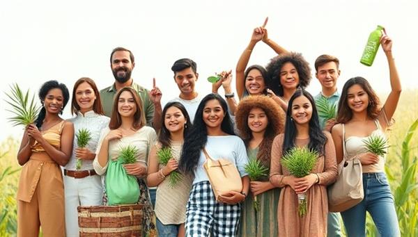 An inspiring visual of a diverse group of influencers showcasing eco-friendly products and engaging in sustainable activities, conveying a message of environmental awareness and positive influence through social media.