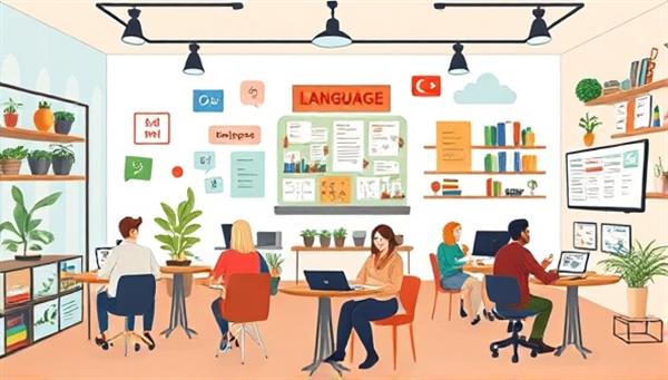 An illustration of a virtual language exchange cafe room with diverse participants engaging in conversations in different languages, cultural elements adorning the virtual space, and language learning resources displayed on digital screens, creating a vibrant and interactive language learning environment.