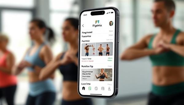A sleek and modern smartphone displaying the FitGenix app interface, showcasing personalized workout recommendations and nutrition tips, with a diverse group of people exercising in the background, promoting inclusivity and motivation.