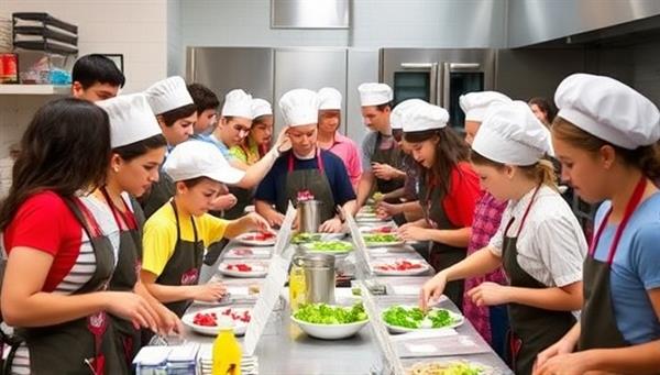 A bustling kitchen environment with participants wearing aprons and chef hats, surrounded by colorful ingredients, cooking utensils, and recipe cards, capturing the essence of culinary exploration and hands-on learning at FlavorLab Explorers.