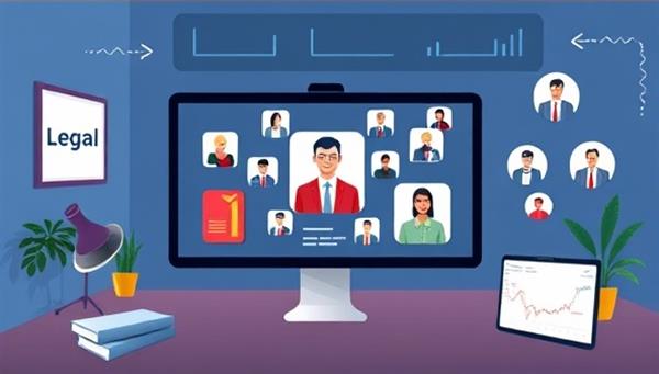 An engaging graphic showcasing a virtual meeting room with legal icons, profiles of available lawyers, and a user-friendly interface, illustrating the seamless connection between clients and legal experts on the platform.