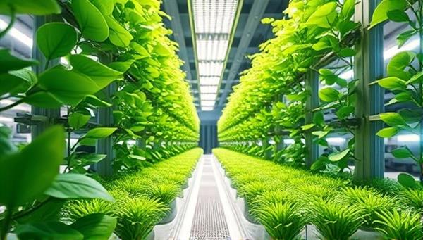 An artistic rendering of a futuristic vertical farm with rows of lush green plants growing under LED lights, symbolizing sustainable agriculture in urban environments and the concept of farm-to-table freshness.