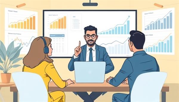 An engaging illustration of a virtual CFO guiding a group of diverse startup founders in a virtual meeting, surrounded by financial charts and growth projections, representing expert financial advice tailored to startups.