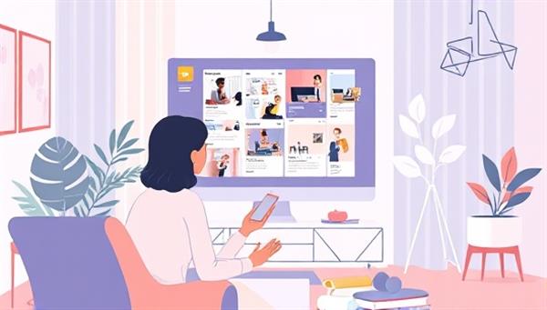 A digital illustration showcasing a virtual interior designer interacting with a client via video call, presenting mood boards and design concepts on a screen, surrounded by elements of home decor and color swatches, creating a dynamic and immersive design experience.