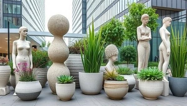An aesthetic display of recycled concrete planters and sculptures in a modern, urban setting, highlighting the fusion of sustainability and creativity in design.