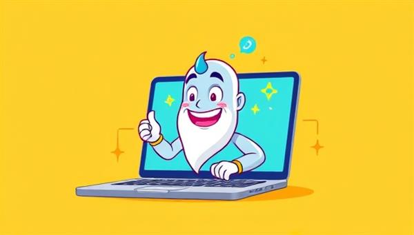An innovative digital illustration of a friendly and futuristic AI-powered genie character creating content on a laptop screen, conveying the ease and magic of content generation with ContentGenie AI.