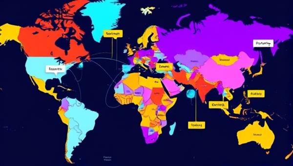 A vibrant digital map displaying connections between users from different countries, with speech bubbles in various languages symbolizing conversations and cultural exchange.