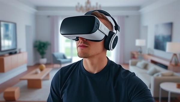 An individual wearing a VR headset, immersed in a virtual property tour environment, surrounded by digital representations of furniture and decor, illustrating the immersive experience of VR Estate Tours.