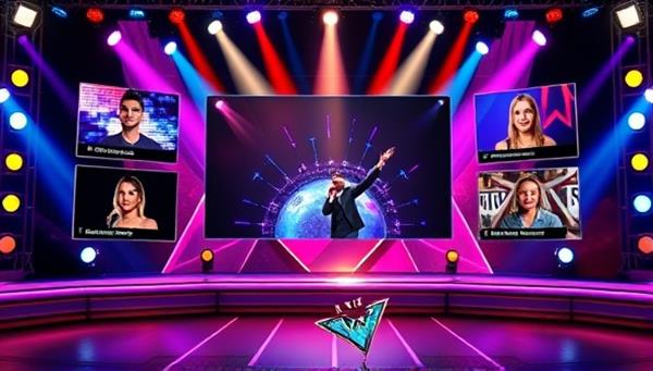 An engaging online talent show interface with colorful graphics, video previews of contestants, and interactive voting buttons, creating a dynamic and exciting virtual stage for performers to shine.
