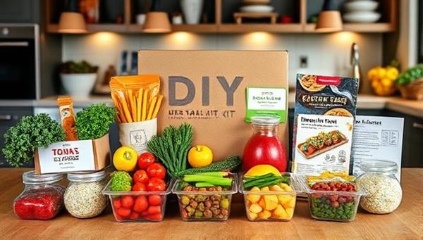 An enticing DIY meal kit package featuring fresh ingredients neatly arranged in individual containers, accompanied by vibrant recipe cards and cooking instructions, set against a backdrop of a modern kitchen, inspiring culinary creativity and convenience.