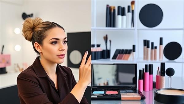 A split-screen image showing a professional makeup artist conducting a virtual consultation with a client, displaying various makeup products and tools in the background to create an interactive and engaging virtual beauty experience.