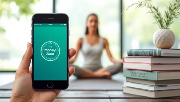 A serene meditation space with a smartphone displaying the MoneyZen Mind app, a person meditating with a peaceful expression, a stack of financial wellness books, and a calming nature backdrop, capturing the essence of relaxation, mindfulness, and financial tranquility in the MoneyZen Mind meditation app.