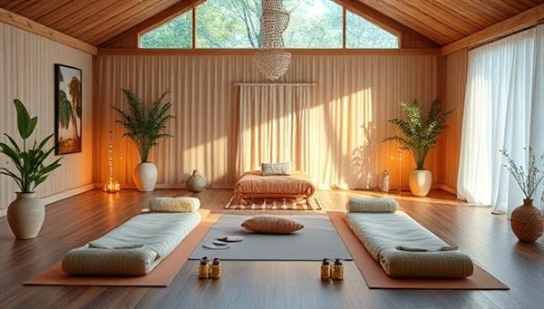 A serene and tranquil virtual retreat setting featuring a cozy meditation space, yoga mats, calming essential oils, and virtual wellness instructors guiding participants through relaxation exercises and mindfulness practices, creating a peaceful and rejuvenating ambiance.