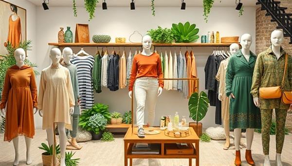 A digital fashion showroom featuring a diverse collection of sustainable clothing, accessories, and beauty products displayed on virtual mannequins, surrounded by greenery and eco-friendly design elements, conveying a message of style and sustainability.