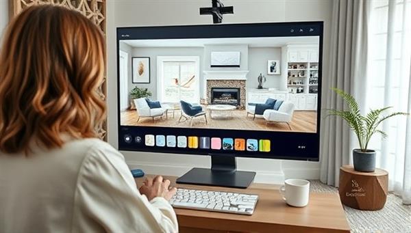 A virtual design studio scene showcasing a designer presenting a digital mood board and 3D renderings to a client via video call, with samples of fabrics, color swatches, and furniture ideas displayed on the screen, capturing the essence of remote interior design collaboration and creativity.