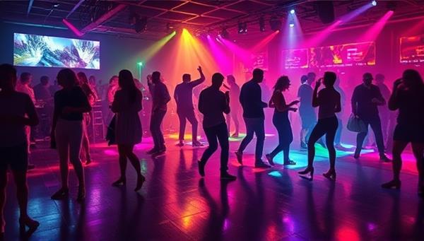 An artistic rendering of a vibrant nightclub scene with people dancing energetically on eco-friendly kinetic floors, with colorful lights flashing and a subtle glow emanating from the floor panels, creating an electrifying and sustainable atmosphere.