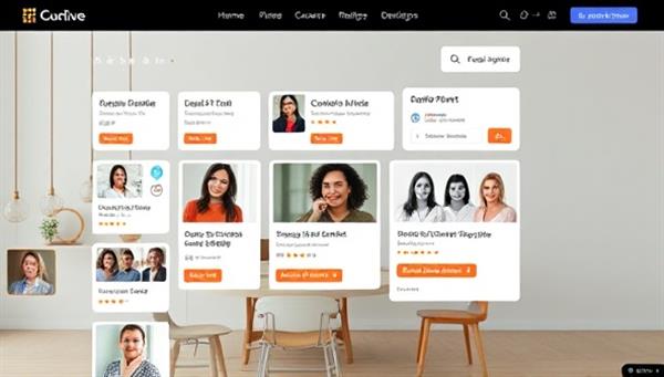 An online marketplace interface featuring a diverse selection of design consultants with profiles showcasing their expertise, skills, and client reviews, surrounded by design project previews and consultation scheduling options, highlighting the personalized and professional service offered on the platform.
