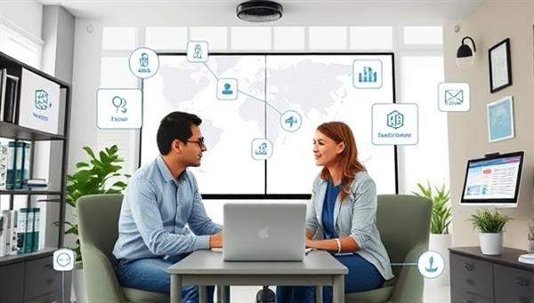 A virtual meeting room scene with a mentor and mentee engaging in a discussion, surrounded by virtual career resources and networking tools, symbolizing the connectivity and support offered by CareerClimb Connect