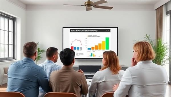 An online webinar scene featuring a diverse group of individuals engaged in a virtual real estate investing workshop, with charts and graphs on the screen, conveying a sense of learning and empowerment.