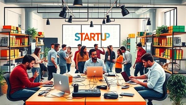 An energetic and vibrant startup workspace filled with diverse entrepreneurs collaborating on projects, surrounded by high-tech gadgets and innovation tools, symbolizing creativity and progress in the startup ecosystem.
