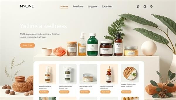 A visually soothing online marketplace interface featuring a variety of wellness products displayed elegantly with natural elements, calming colors, and user testimonials, creating a sense of serenity and well-being.
