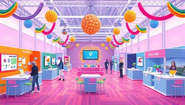 An illustration of a virtual event space with vibrant decorations, interactive elements, and virtual booths, representing the versatility and creativity of virtual events hosted on EventEase.