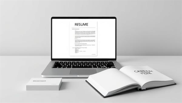 A sleek and professional digital workspace featuring a laptop with a resume template on the screen, a stack of business cards, a career development book, and a motivational quote, symbolizing career growth and professional success.