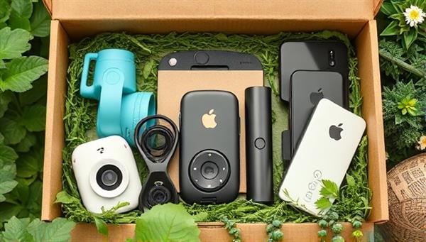 An assortment of sleek, modern eco-tech gadgets displayed in a recyclable packaging box surrounded by greenery and sustainable materials, emphasizing the blend of technology and sustainability.