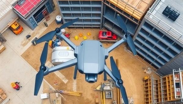 An aerial view captured by a drone showing a construction site with workers, equipment, and building structures, illustrating the perspective and detailed monitoring capabilities of drone-assisted construction site monitoring services.