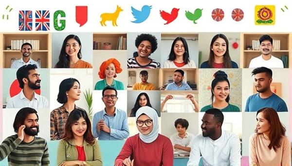 A diverse group of virtual language learners engaging in a lively online conversation exchange, with digital language resources and cultural symbols in the background, highlighting community and language diversity.