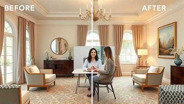 An elegant room visualization with before and after design transformations, featuring a virtual interior designer providing advice via video call, surrounded by fabric swatches, paint samples, and décor elements, illustrating the collaborative and creative process of DesignSpace Harmony.
