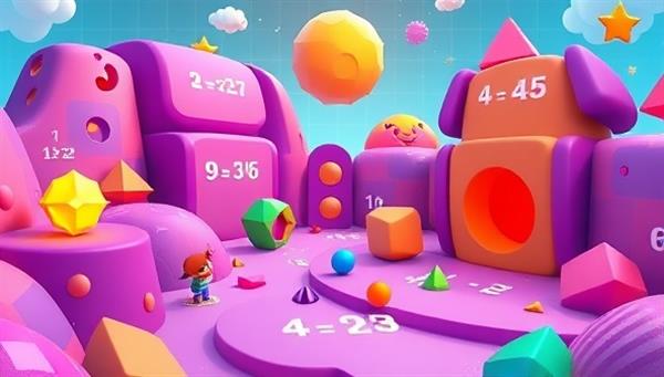 A vibrant and colorful virtual math world with animated characters solving equations, exploring geometric shapes, and earning virtual rewards, creating an immersive and educational gaming environment that sparks curiosity and excitement.