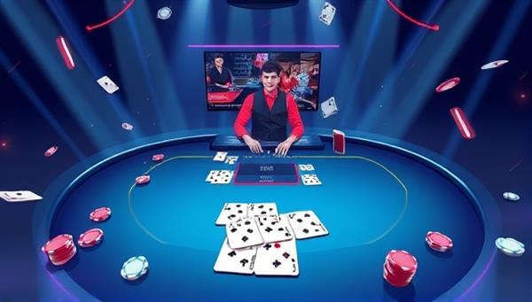 An illustration of a virtual poker table with a live dealer interacting with players through a video stream, surrounded by virtual chips and cards, creating a dynamic and engaging atmosphere for the live poker tournaments.