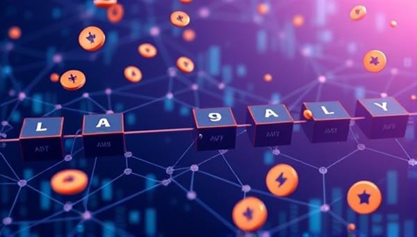 An abstract representation of interconnected blockchain blocks forming a loyalty rewards chain, with digital tokens floating around symbolizing the secure and decentralized nature of the blockchain-powered loyalty program.