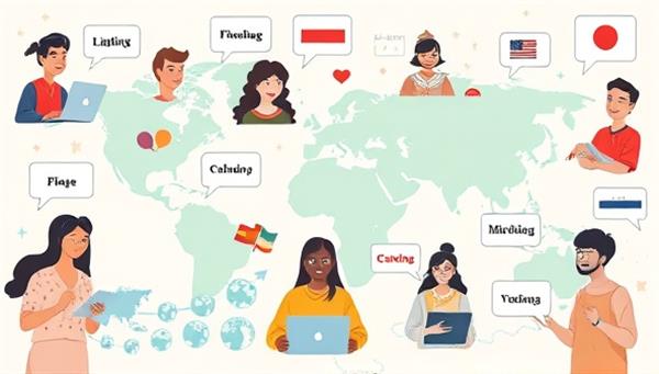 An interactive digital illustration showcasing diverse individuals engaging in virtual language exchange sessions, with speech bubbles representing different languages, cultural symbols, and virtual globe imagery, illustrating the global connectivity and language diversity within the online community.