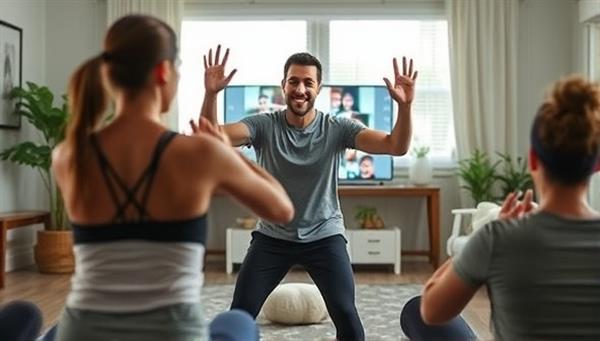 A dynamic and motivating image of a virtual fitness coach leading an energetic workout session via a video call, with participants following along from their homes, showcasing convenience and engagement.