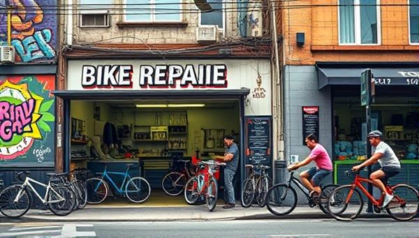 A vibrant city street scene showcasing a bustling bike repair shop with mechanics working on various bikes, surrounded by colorful urban murals and cyclists passing by, capturing the energy and diversity of city biking culture.