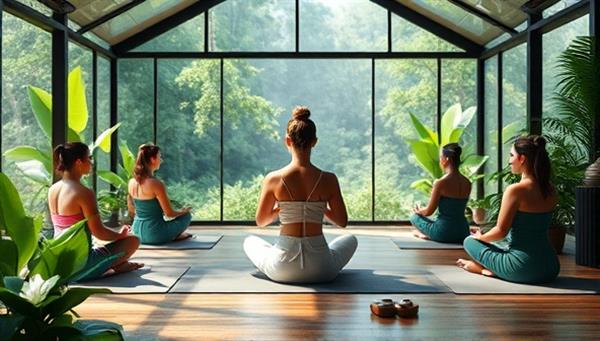 An image of a serene virtual retreat setting with a yoga instructor leading a group meditation session, surrounded by lush greenery and calming natural elements, evoking a sense of tranquility and relaxation.