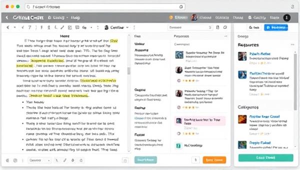 An online platform interface showing a manuscript with tracked changes and comments from multiple reviewers, a chat window for instant feedback, and a resources tab with writing guides and workshops, demonstrating the collaborative and educational aspects of CritiqueCraft