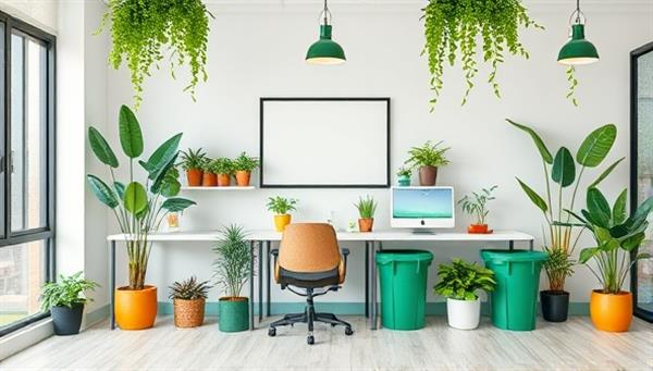 An eco-friendly office setup with sustainable materials, indoor plants, energy-efficient lighting, and recycling bins, creating a green and environmentally conscious workspace, showcasing a commitment to sustainability and eco-friendly practices.