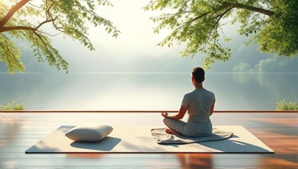 A serene and tranquil digital artwork featuring a virtual mindfulness coaching session in a peaceful natural setting, with soothing colors, meditation cushions, gentle music, and a serene atmosphere, symbolizing relaxation, inner peace, and mental well-being.